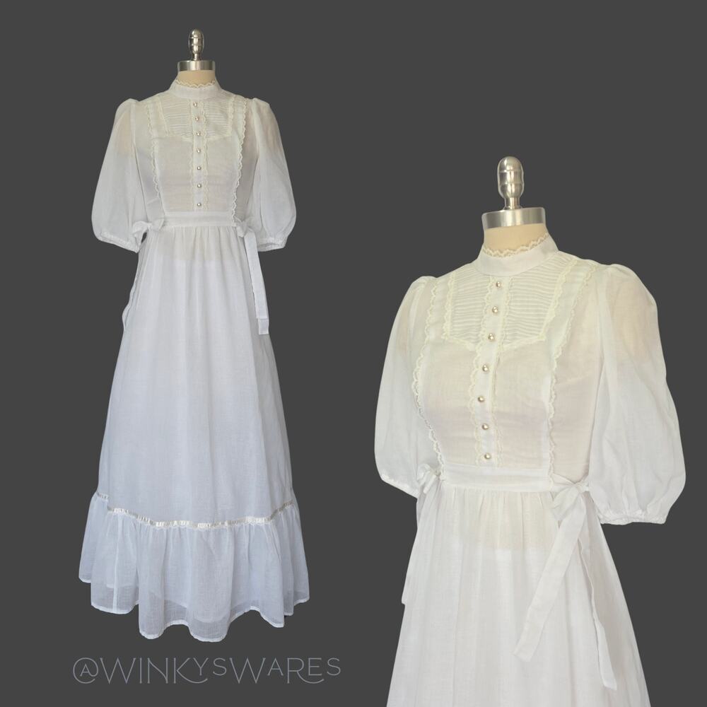 Vintage 70s White Side Tie Prairie Maxi Dress Size S Wedding Edwardian